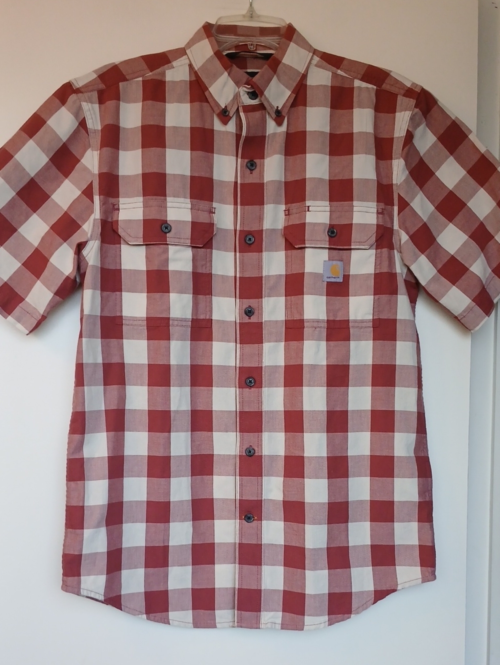 Carhartt Men's Loose Fit Short Sleeve Button Shirt Red White Plaid Size Small
